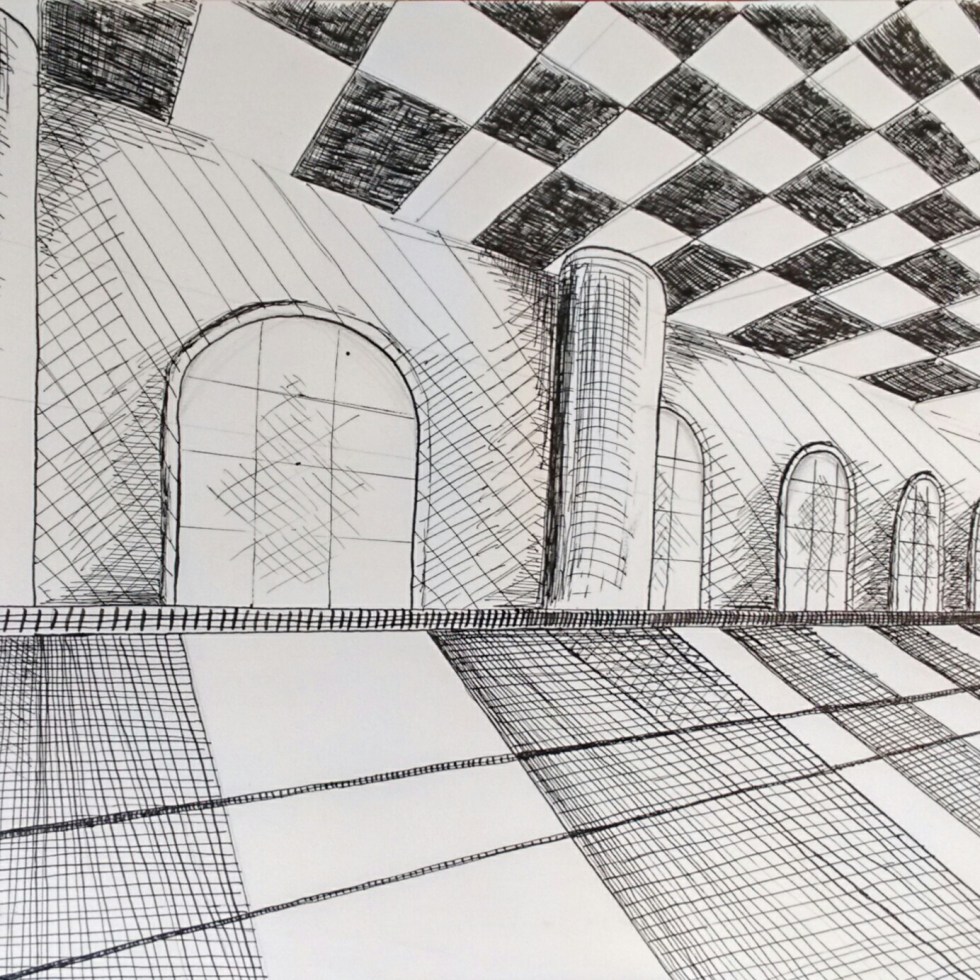 eenpuntsperspectief tweepuntsperspectief tekening Oost-Indische inkt kroontjespen arcering