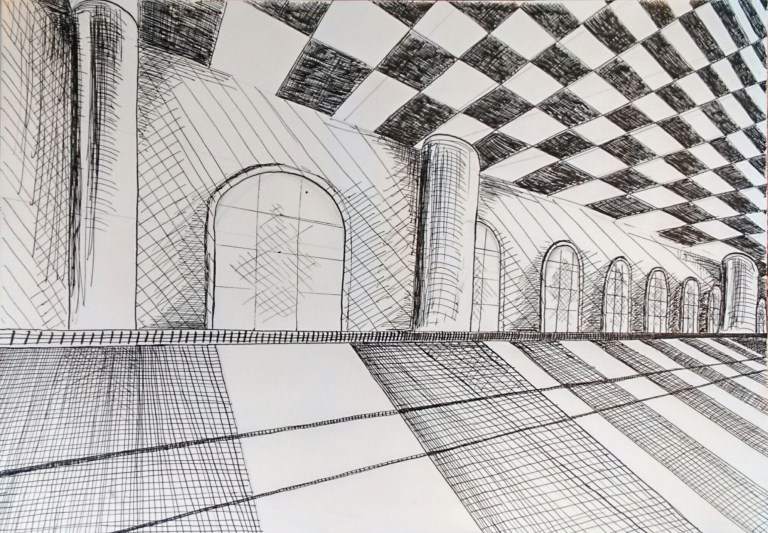 eenpuntsperspectief tweepuntsperspectief tekening Oost-Indische inkt kroontjespen arcering