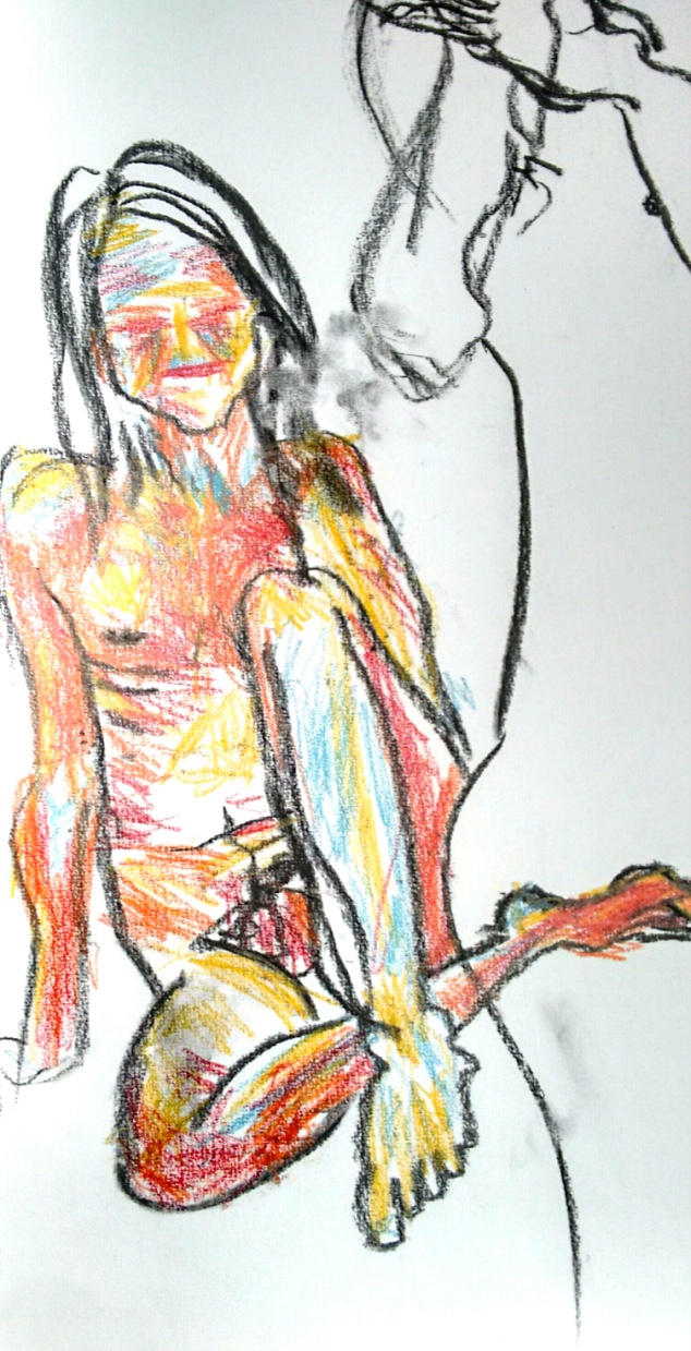 drawing nude man sitting charcoal color pencils