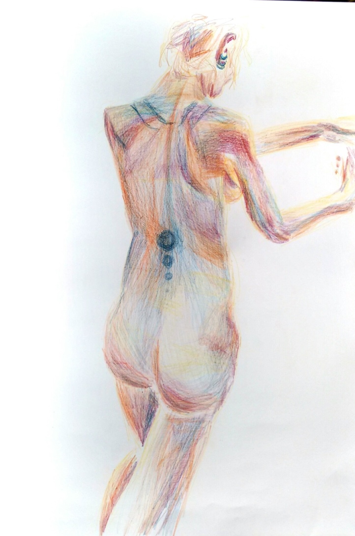 drawing color pencils nude woman standing tattoo piercing