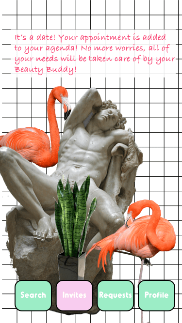 Beauty Buddy app design vaporwave aesthetics grid confirmation appointment