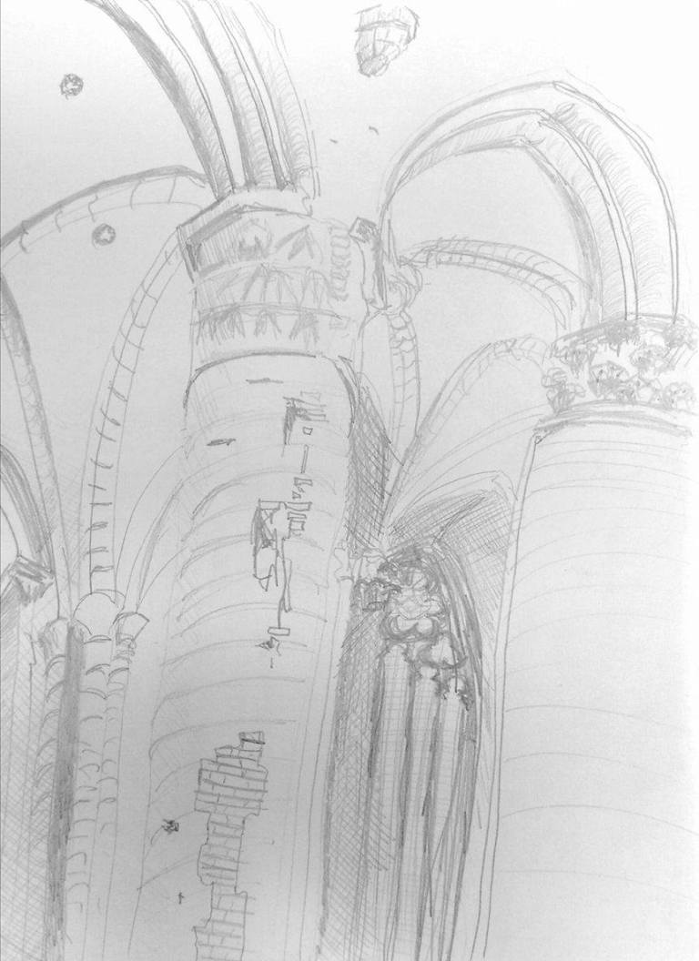 Sint-Niklaaskerk Gent Korenmarkt tekening potlood schets perspectief interieur