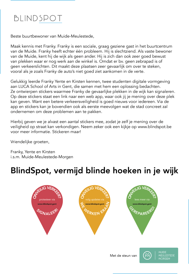 Infoblaadje BlindSpot Muide Meulestede Morgen verkeer app stickers participatief design