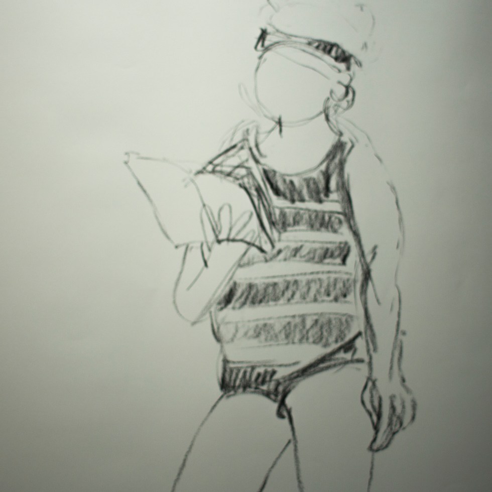 Een vrouw op het strand leest een boek drawing stop-motion movie model charcoal