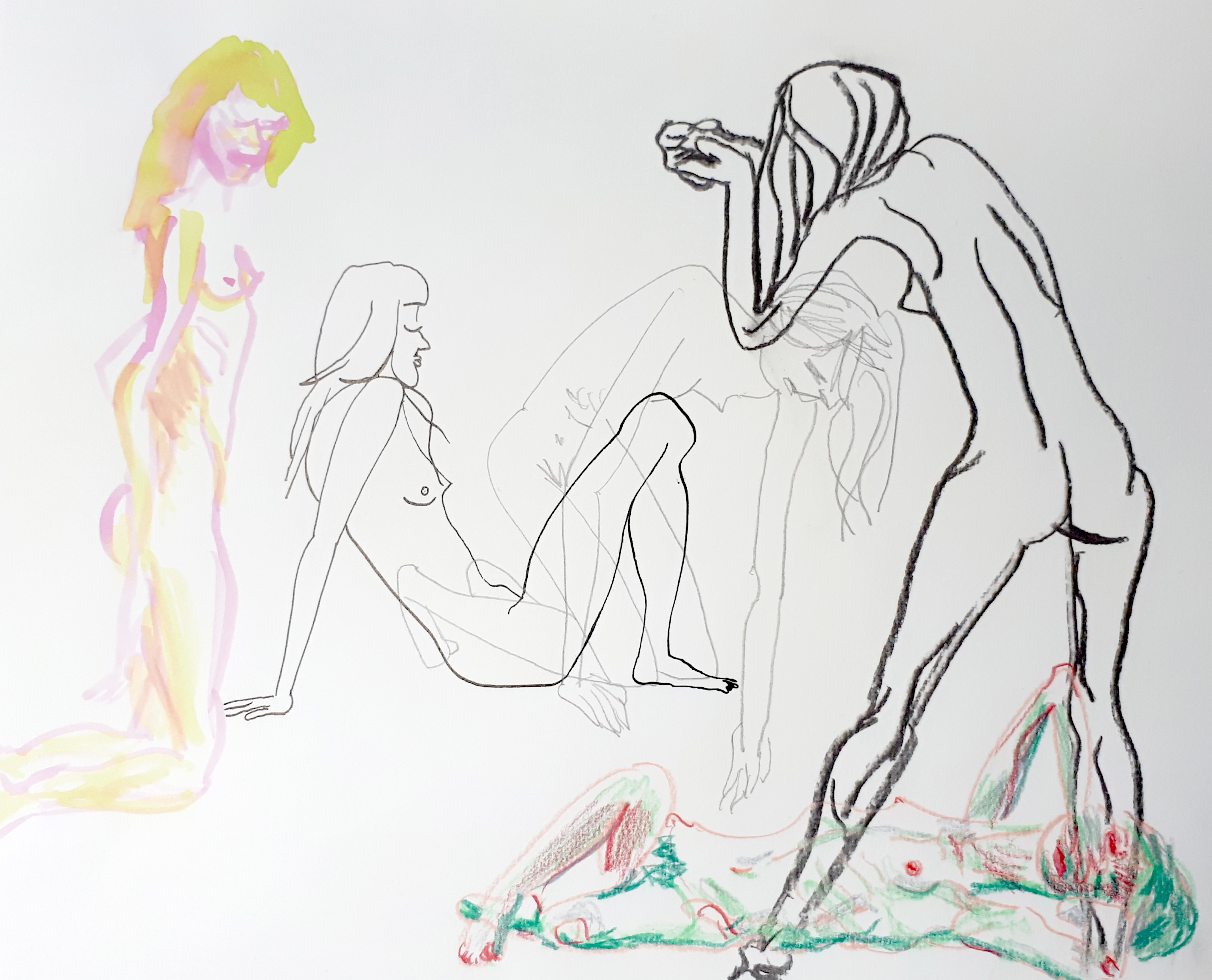 Zittend, staand en liggend naakt (potlood, kleurpotlood, houtskool, Chinese inkt, ecoline) drawing ink female nude model