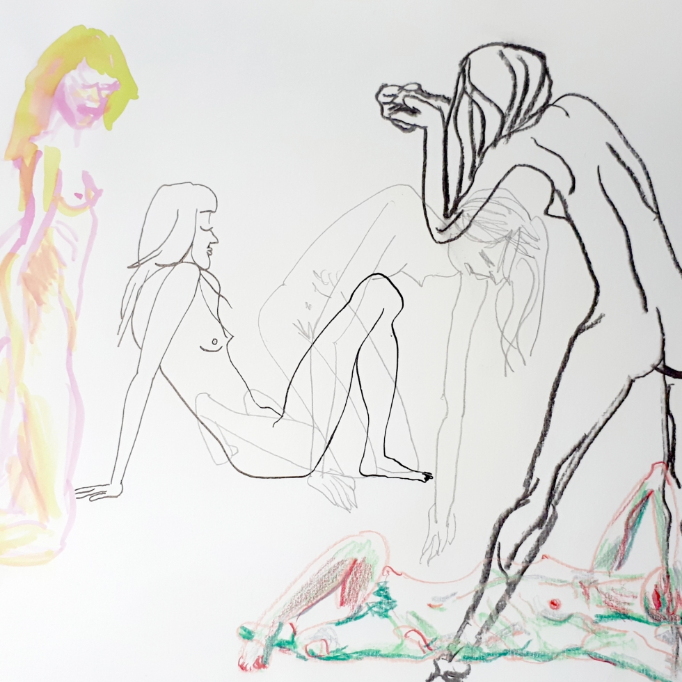 Zittend, staand en liggend naakt (potlood, kleurpotlood, houtskool, Chinese inkt, ecoline) drawing ink female nude model