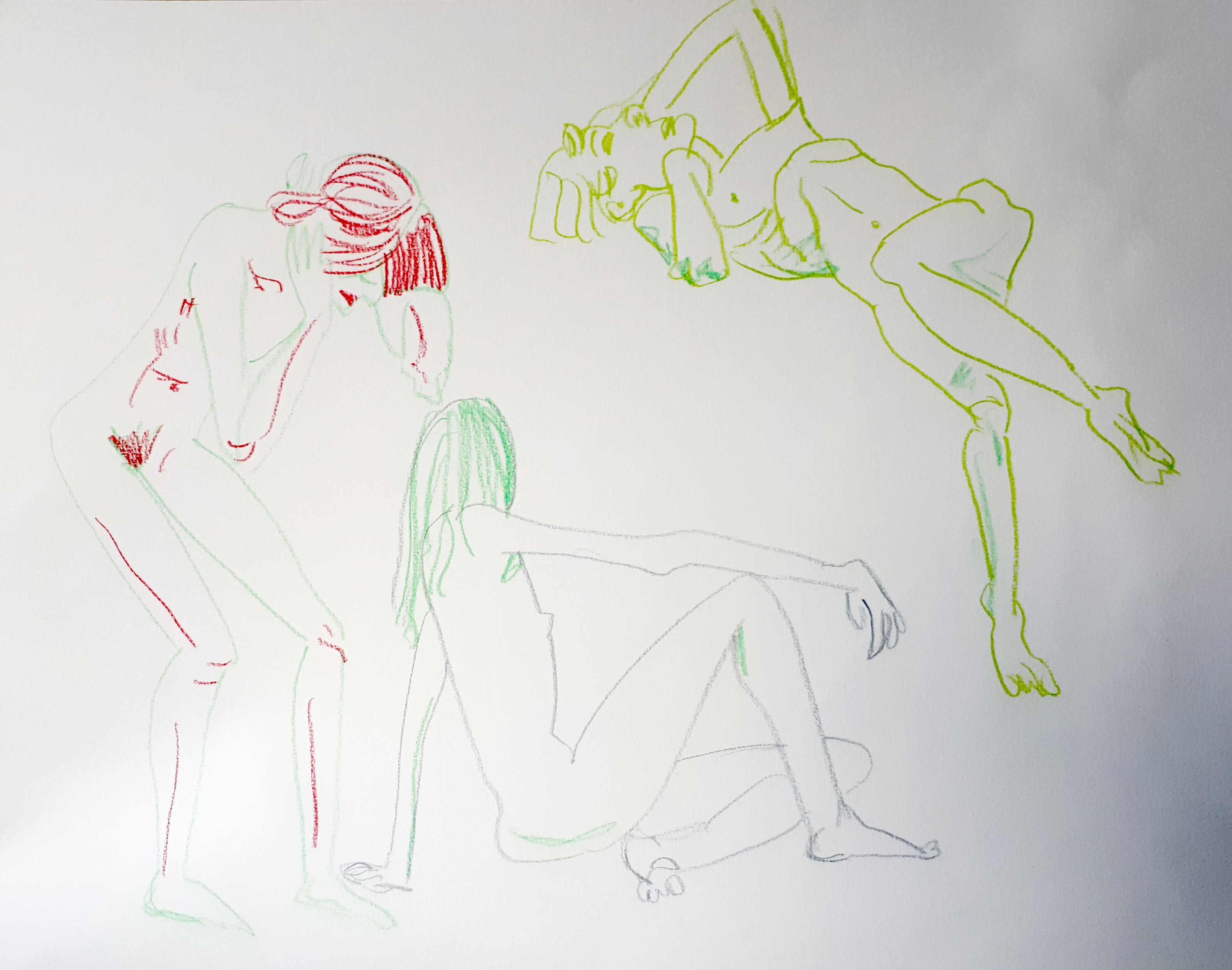 Zittend, staand en liggend naakt (kleurpotlood) drawing ink female nude model