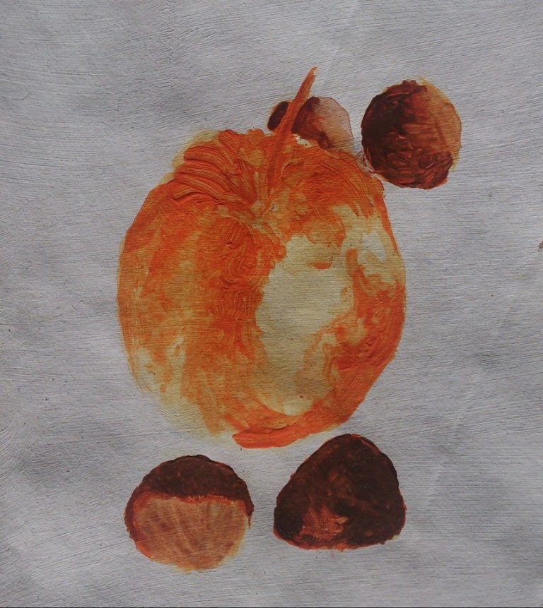 still life painting acryl apple hazelnuts autumn