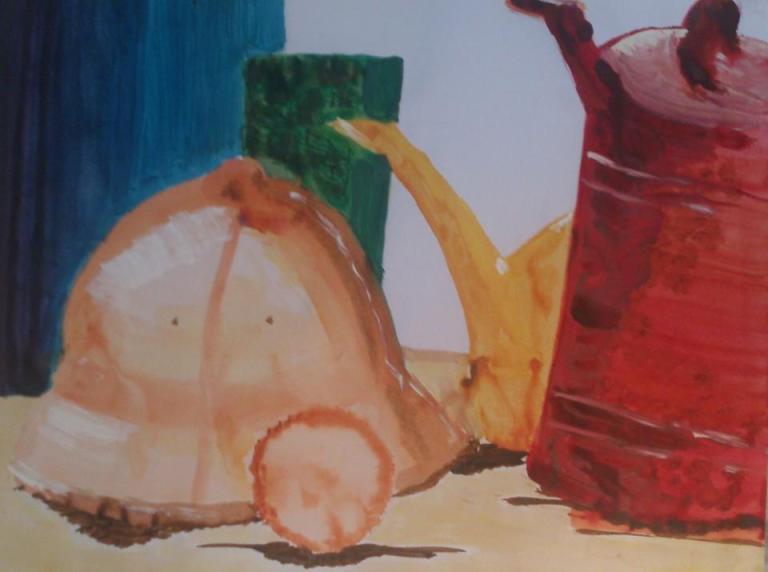 Still life hat tea pot watering can box wood acryl