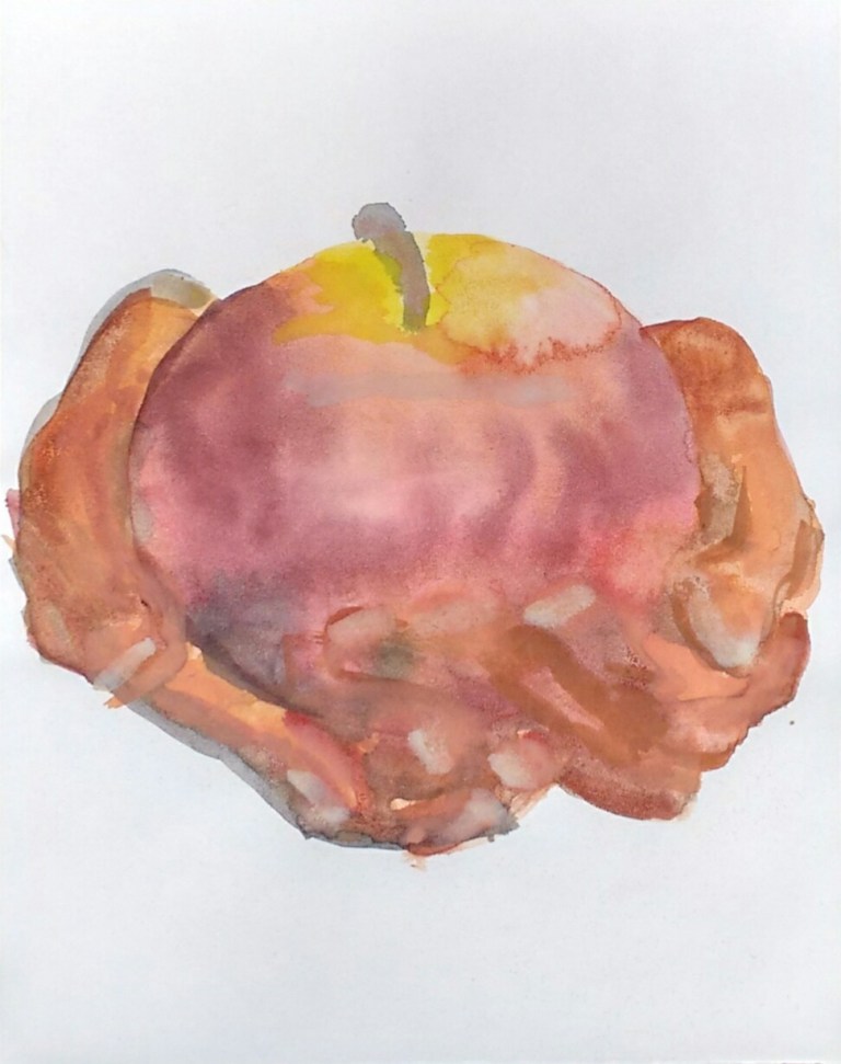 hands with apple aquarel painting